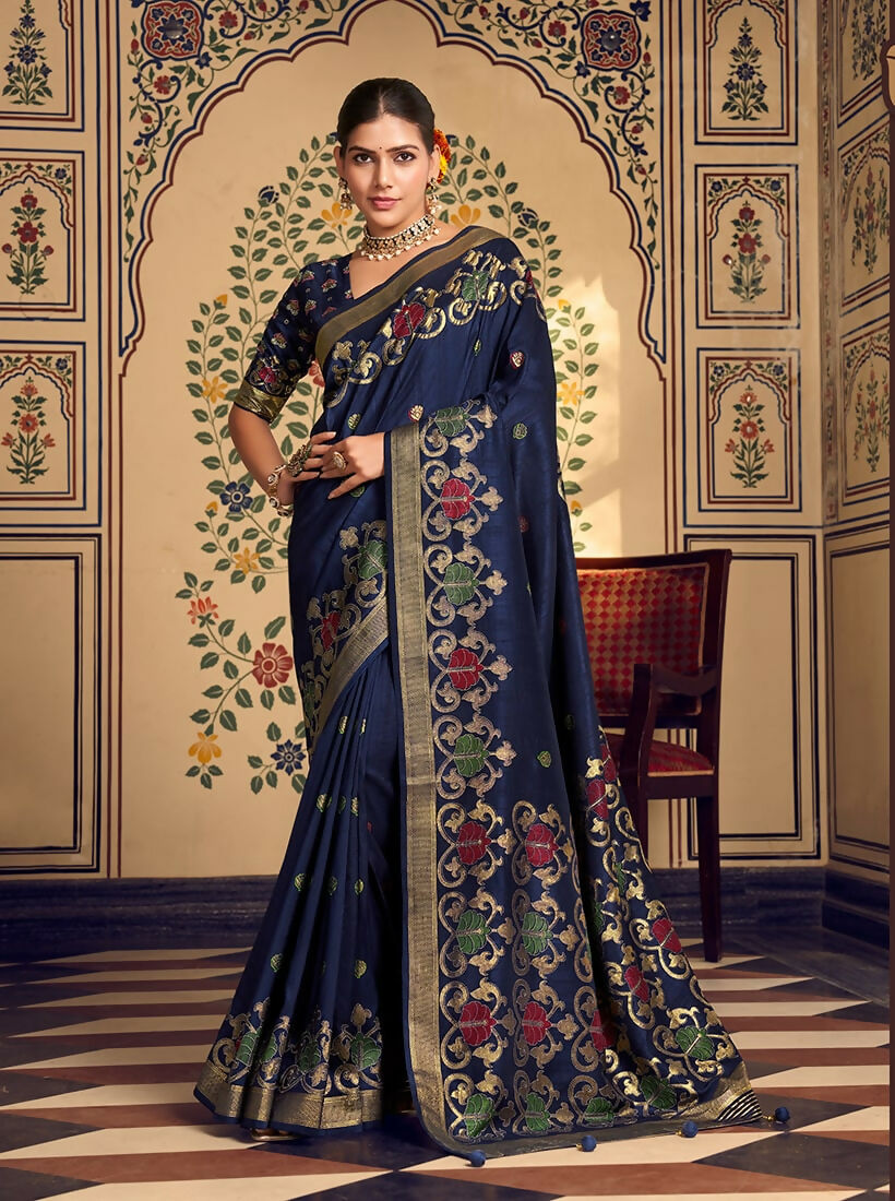 Monjolika Fashion Navy Blue Silk Blend Banarasi Zari Work Classic Saree | Swadesiicart