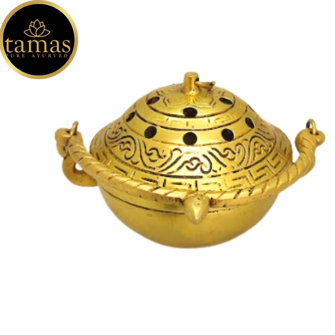 Tamas Brass Small Dhoop Burner with Handle and Lid (Golden) | Swadesiicart