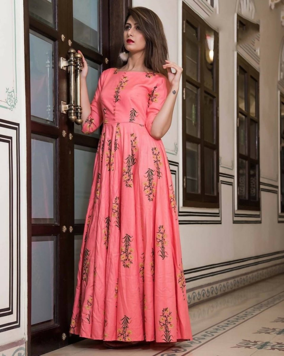 All Season Designer Pink Pure Maslin Gown - Anbazaar