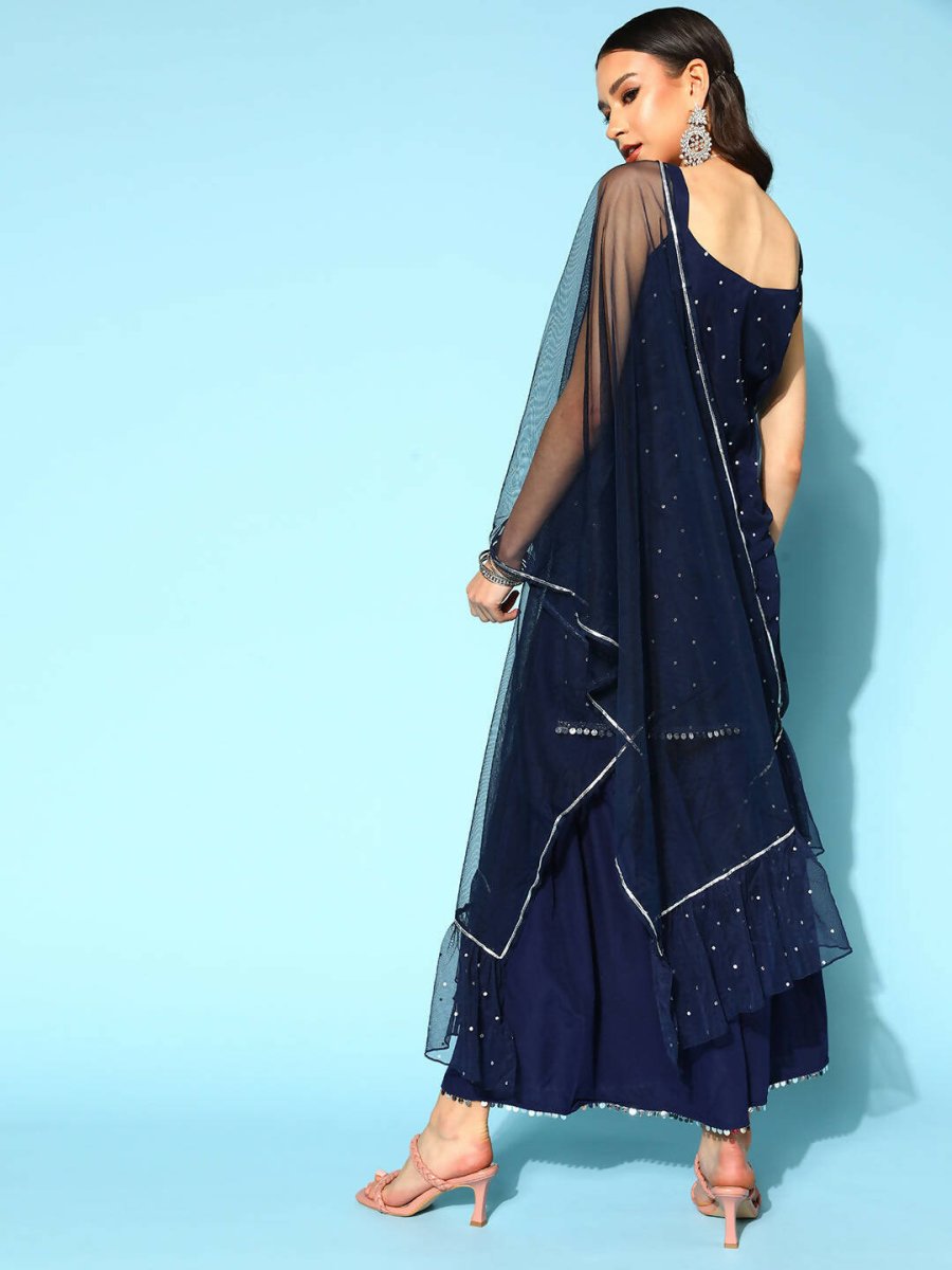 Ahalyaa Women Navy Blue Colour Crepe Foil Printed Kurta Sharara Set With Dupatta - Swadesiicart
