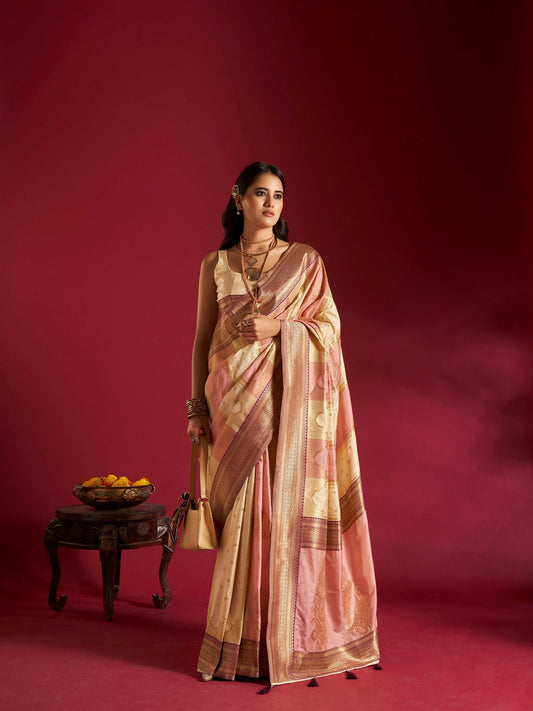 Joban Fashion Cream & Light Pink Plain With Weaving Border Banarasi Silk Sarees | Swadesiicart