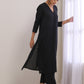 trueBrowns Black Dobby Neck Pleat Kurta Pant Set | Swadesiicart