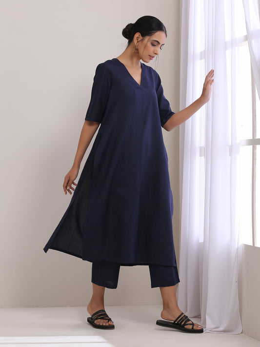 trueBrowns Blue Slub High Slit Kurta Pant Set | Swadesiicart