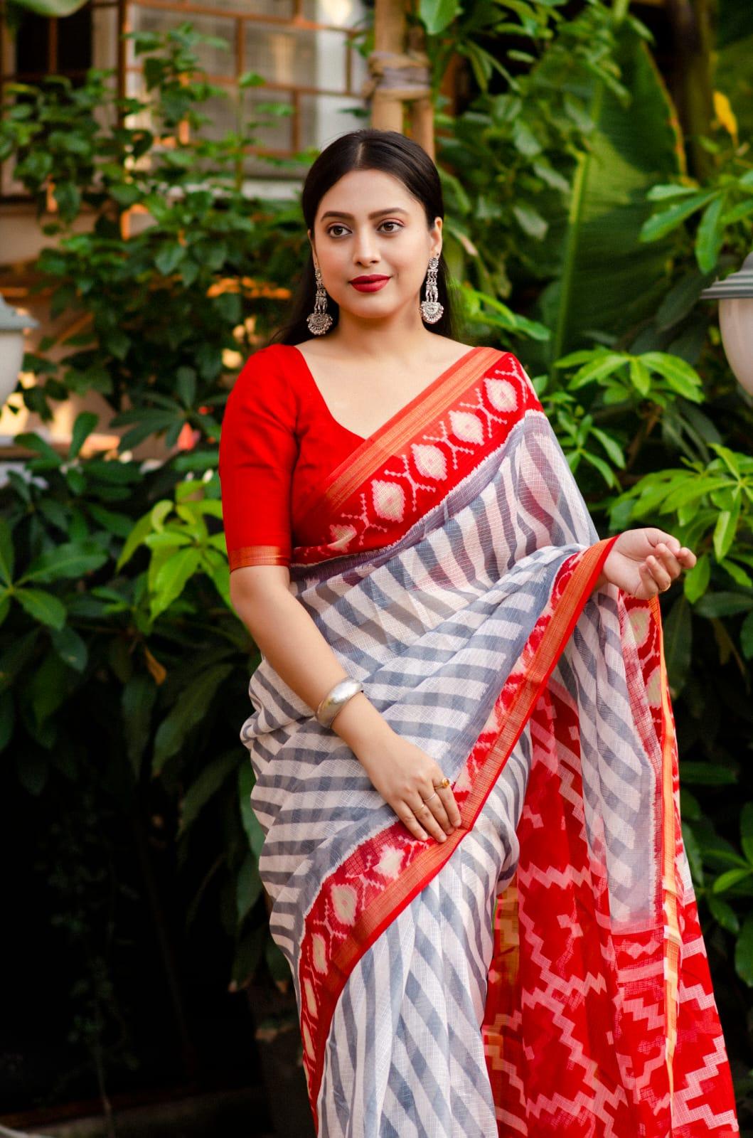 Grey Polycotton Ethnic Motifs Saree with Unstitched Blouse - Hiral Fashion | Swadesiicart