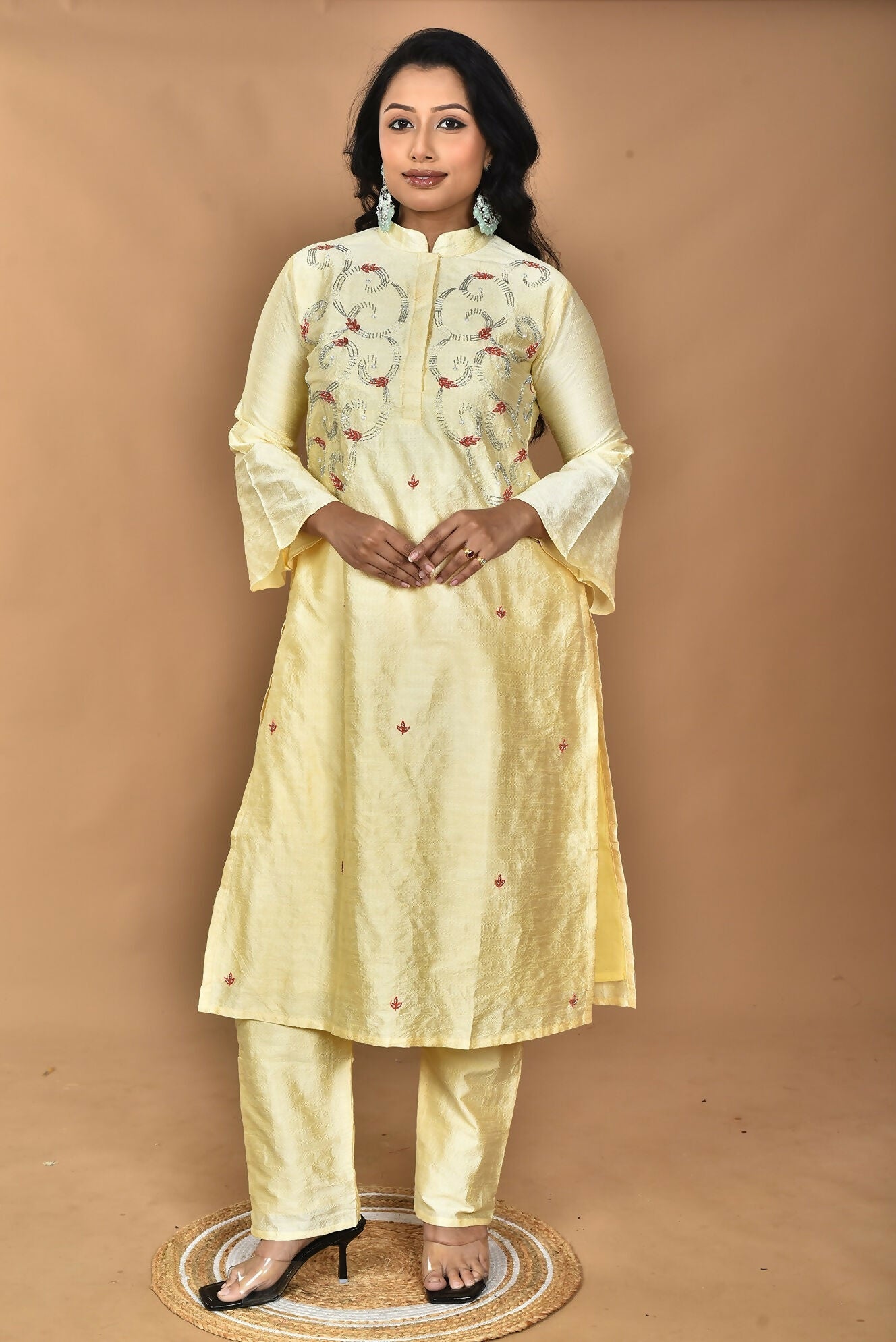 Morchari Women And Hand Embroidery Co-Ord Set-Lemon- Yellow - Swadesiicart