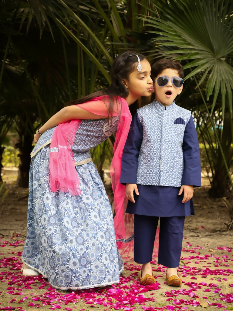 Lil Drama Boys Kurta pyjama with jacket set - Navy Blue | Swadesiicart