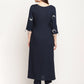 Ahalyaa Women's Navy Blue Rayon Foil & Khari Print Kurta Trouser Set | Swadesiicart