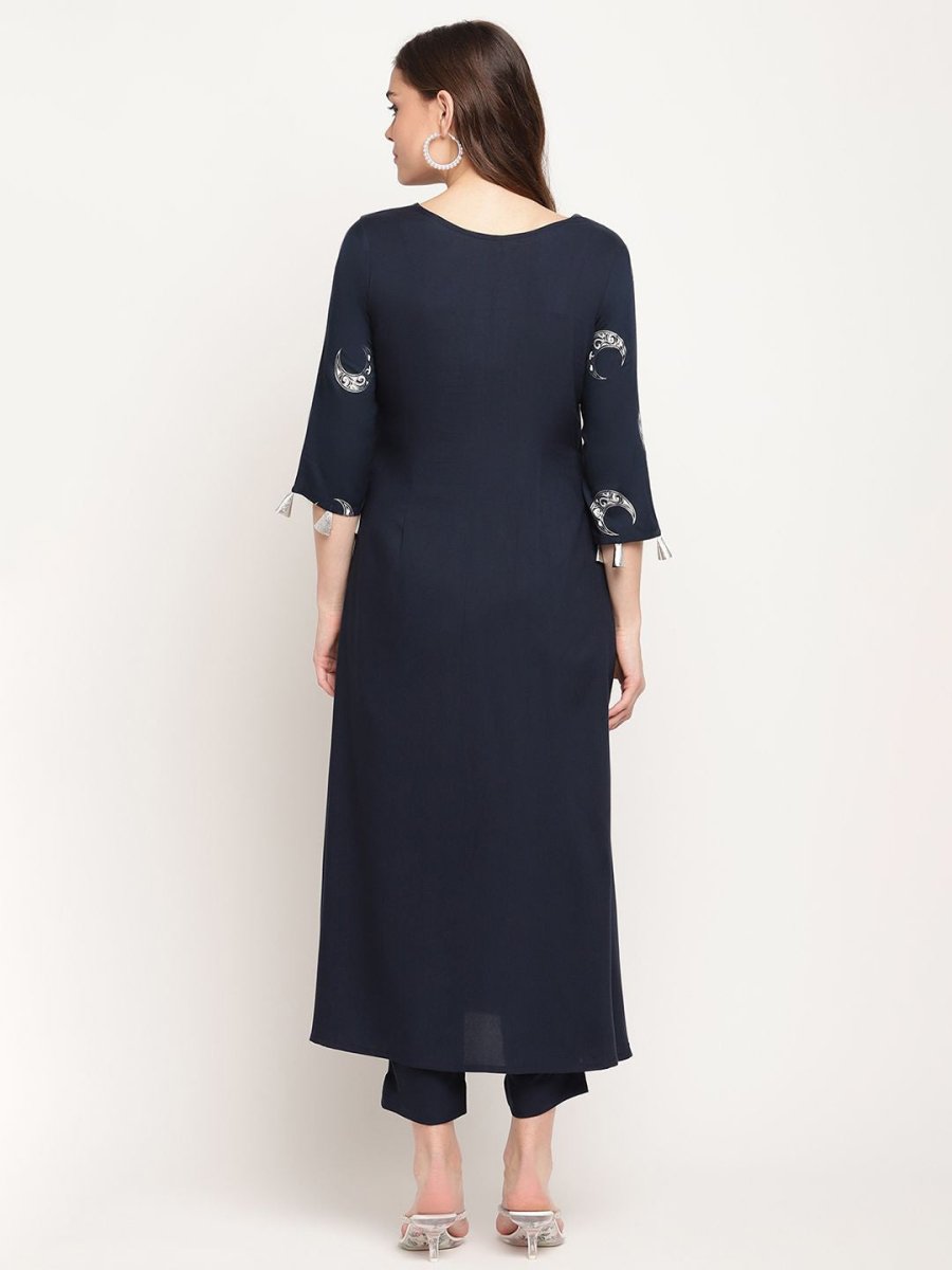 Ahalyaa Women's Navy Blue Rayon Foil & Khari Print Kurta Trouser Set | Swadesiicart