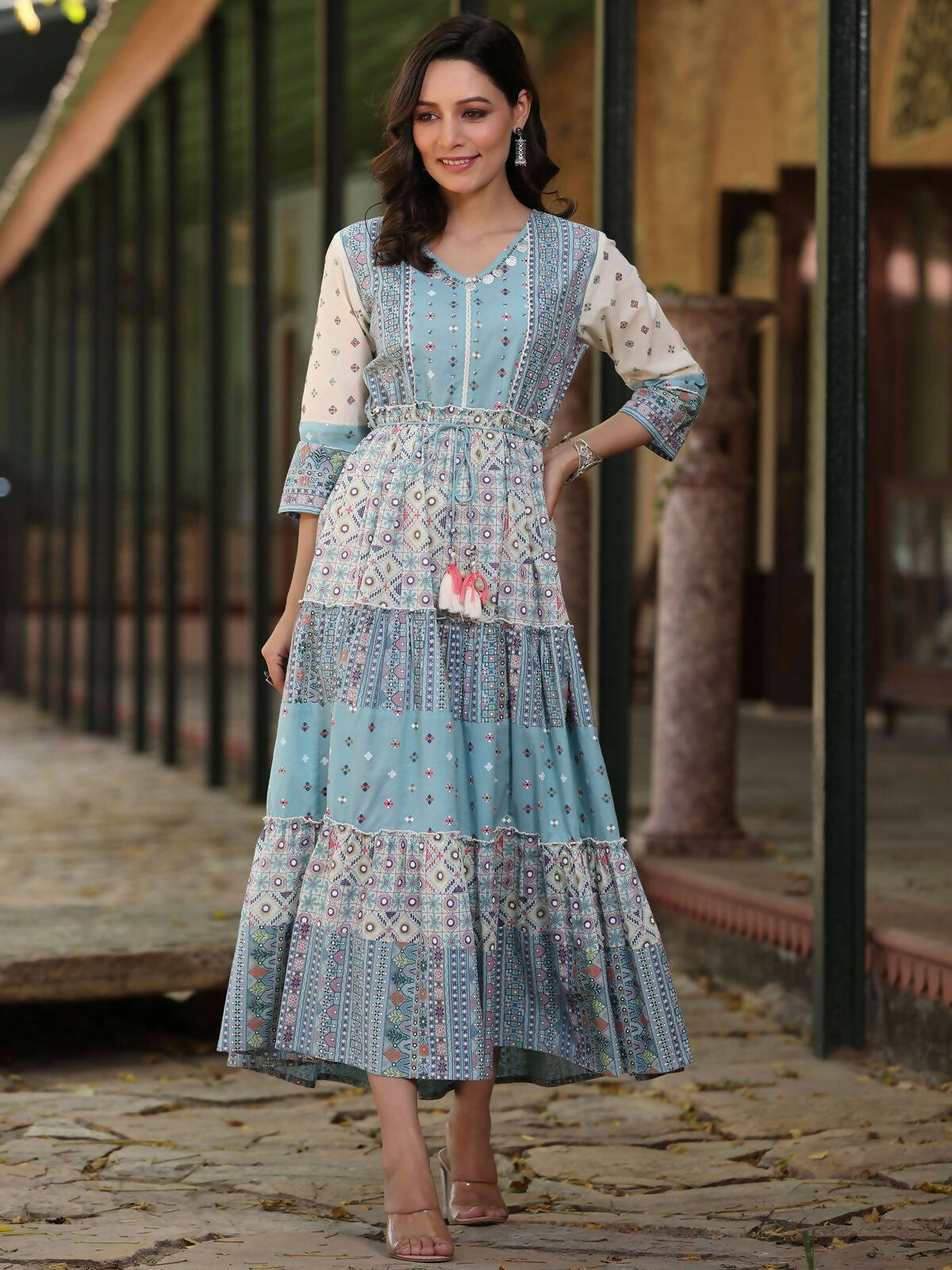 Juniper Women's Blue Cotton Cambric Geometric Printed Tiered Maxi Dress | Swadesiicart