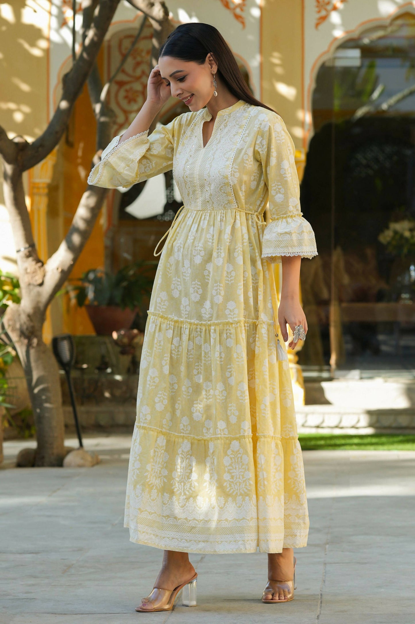 Juniper Women's Lemon Yellow Printed Teired Dress | Swadesiicart
