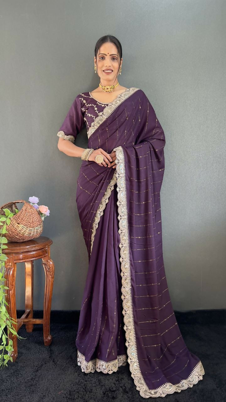 Vastranavya Purple Georgette Silk Swarovski & Heavy Lace Work Ready to Wear Saree | Swadesiicart