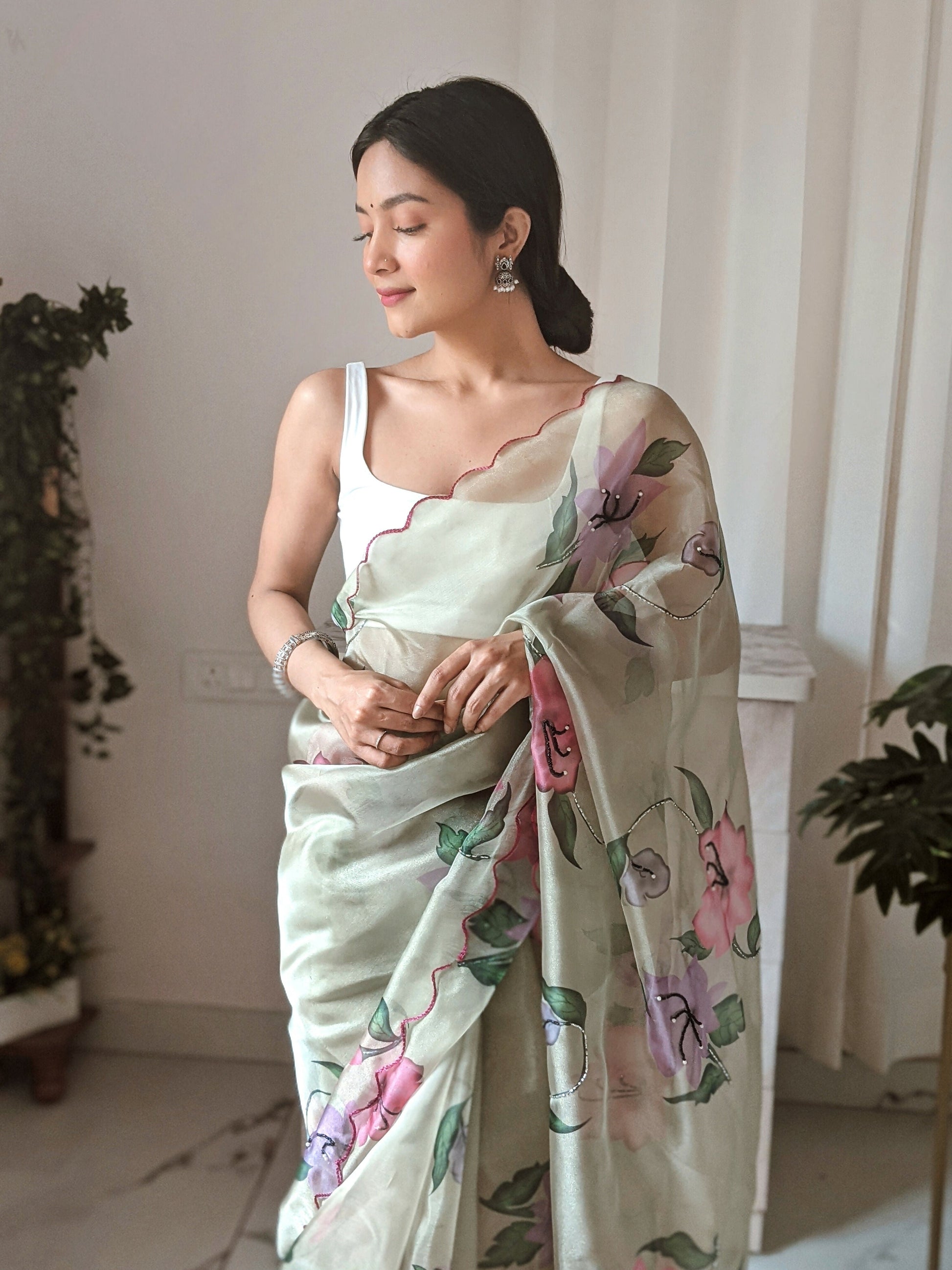 Vamsee Pinki Khatali Green Organza Saree - Swadesiicart
