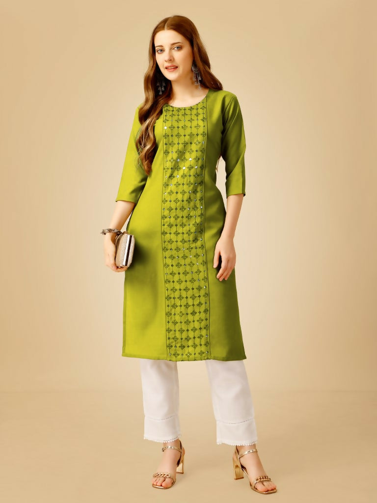 Jyoti Fashion Women's Green Cotton Blend Embroidered Kurta Pant Set - Swadesiicart