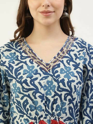 FIORRA Women's Printed Pure Cotton Kaftan Kurta - Blue - Swadesiicart