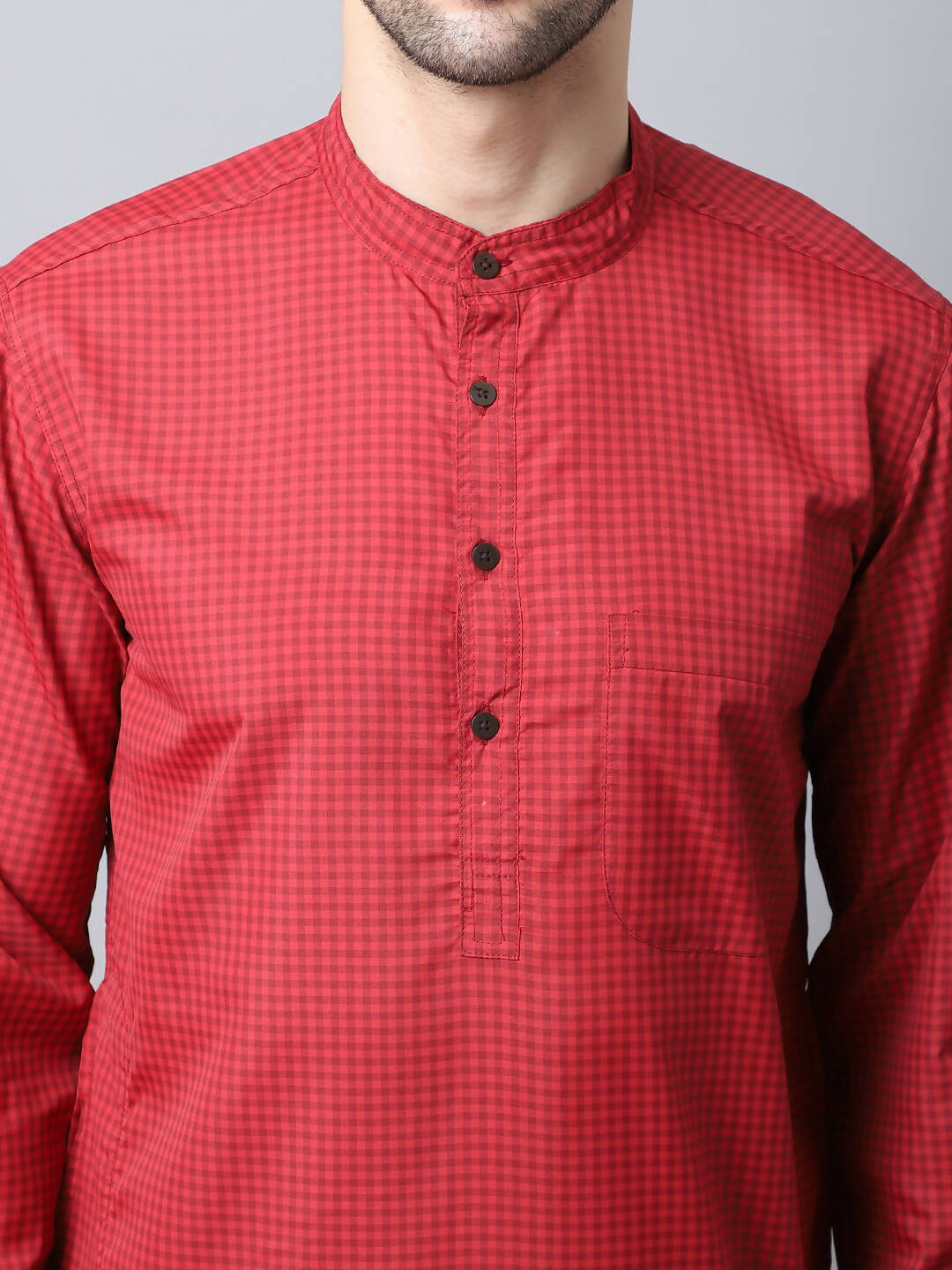 Even Apparels Maroon Cotton Checked Men's Kurta With Band Collar | Swadesiicart