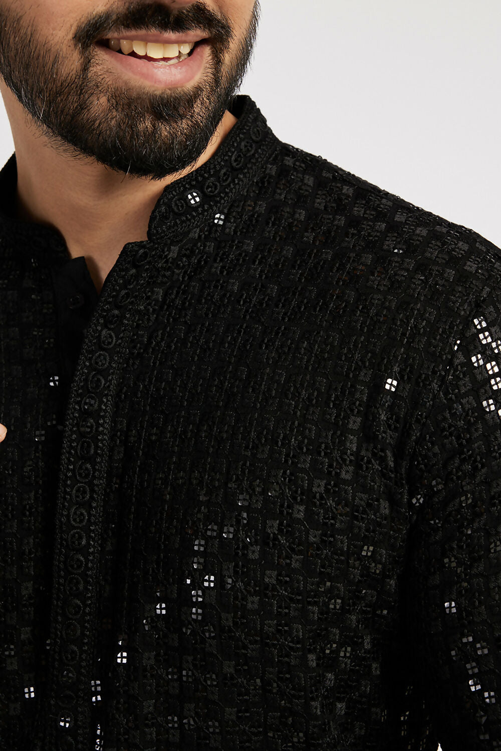 Ethnic India Black Men's Kurta Embellished Viscose Rayon | Swadesiicart