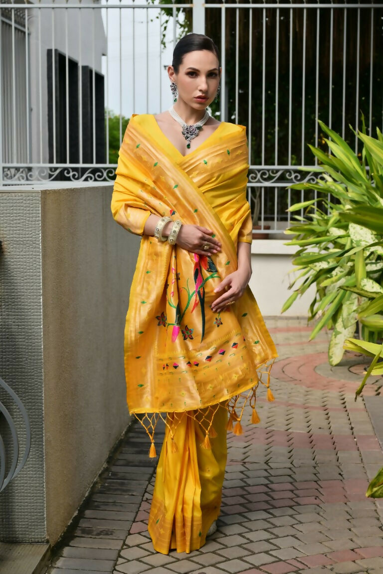 Vishnu Weaves Women's Yellow Paithani Silk Zari Woven Saree with Blouse - Swadesiicart