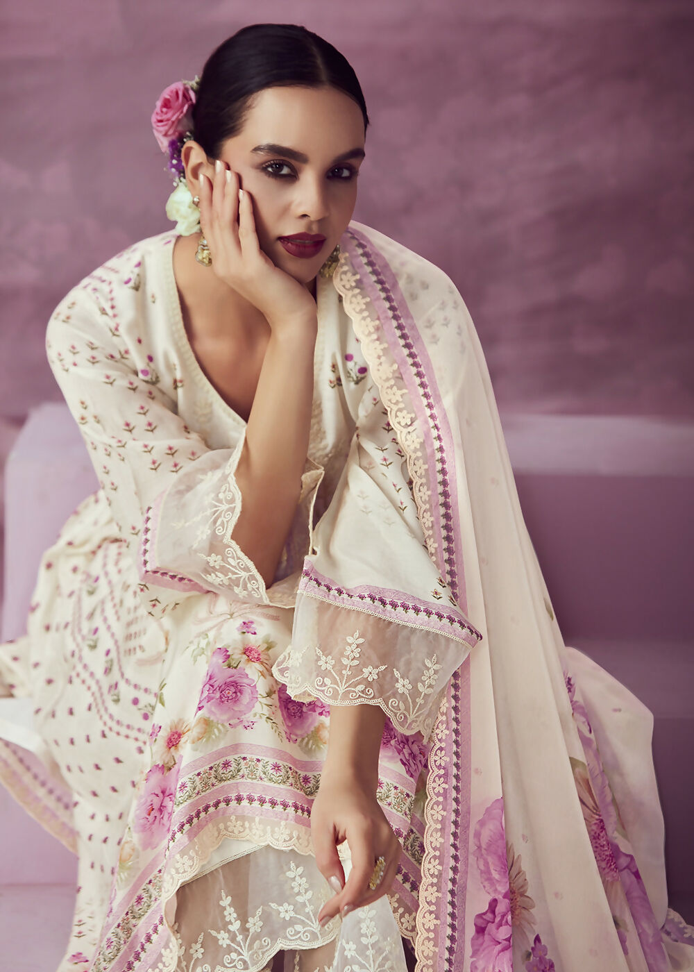 Ivory & Pink Muslin Cotton Printed Trendy Salwar Kurta Set - Emponline | Swadesiicart