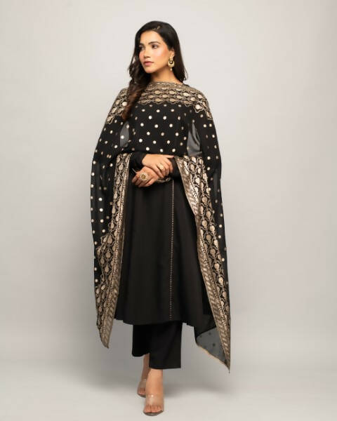 FIORRA Women's Black Creap A-Line Kurta Pant With Dupatta - Swadesiicart