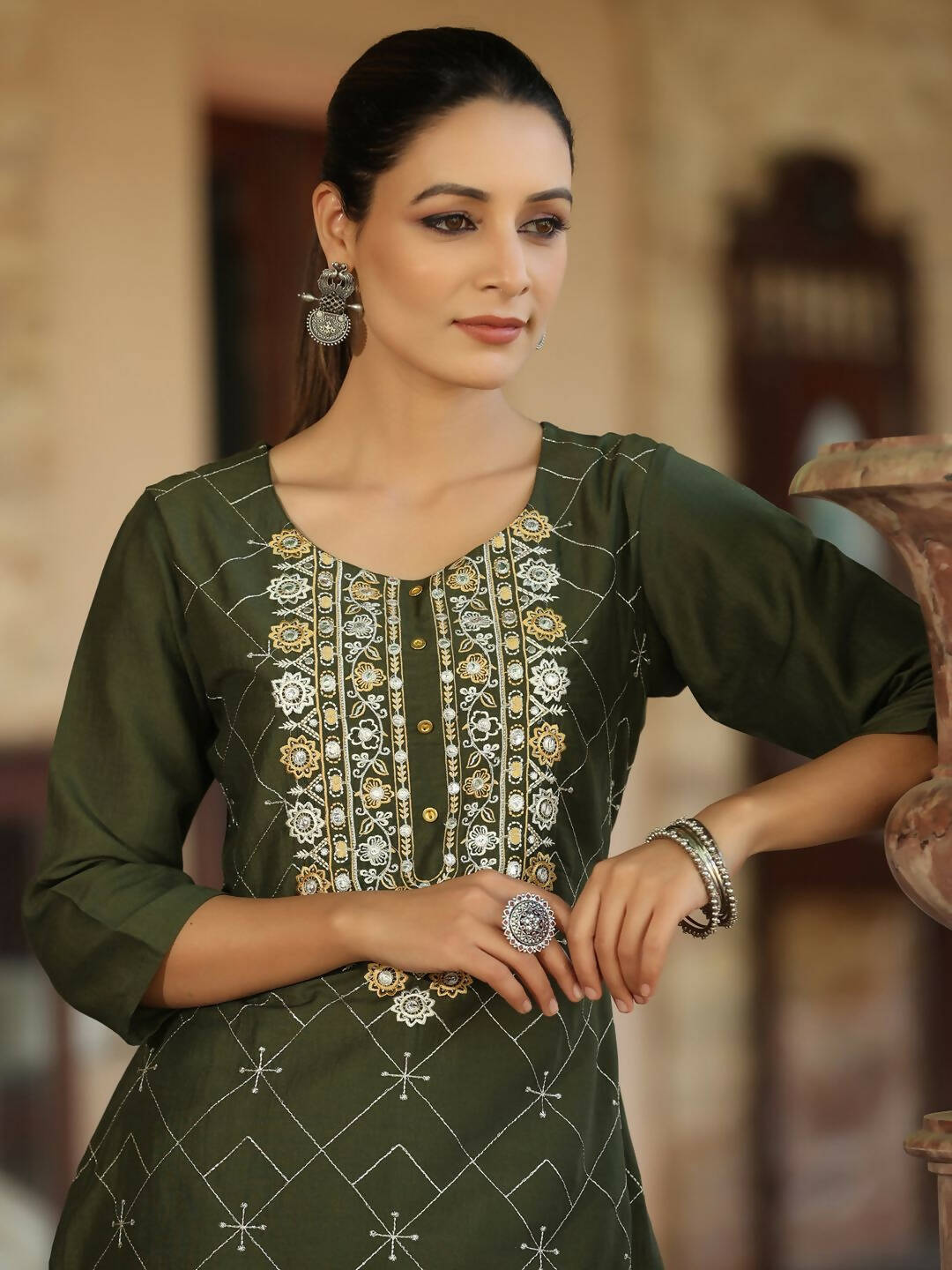 Juniper Women's Green Chinnon Printed Kurta | Swadesiicart