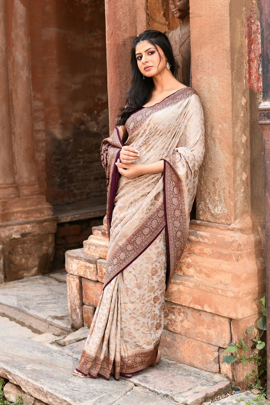 Joban Fashion Nude Grey Crepe Chiffon Pure Handloom Banarasi Silk Saree | Swadesiicart