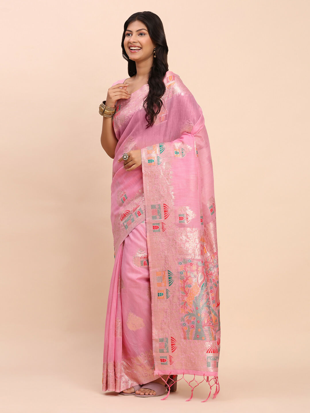 Shree Shyam Fashion Linen Cotton Pink Saree