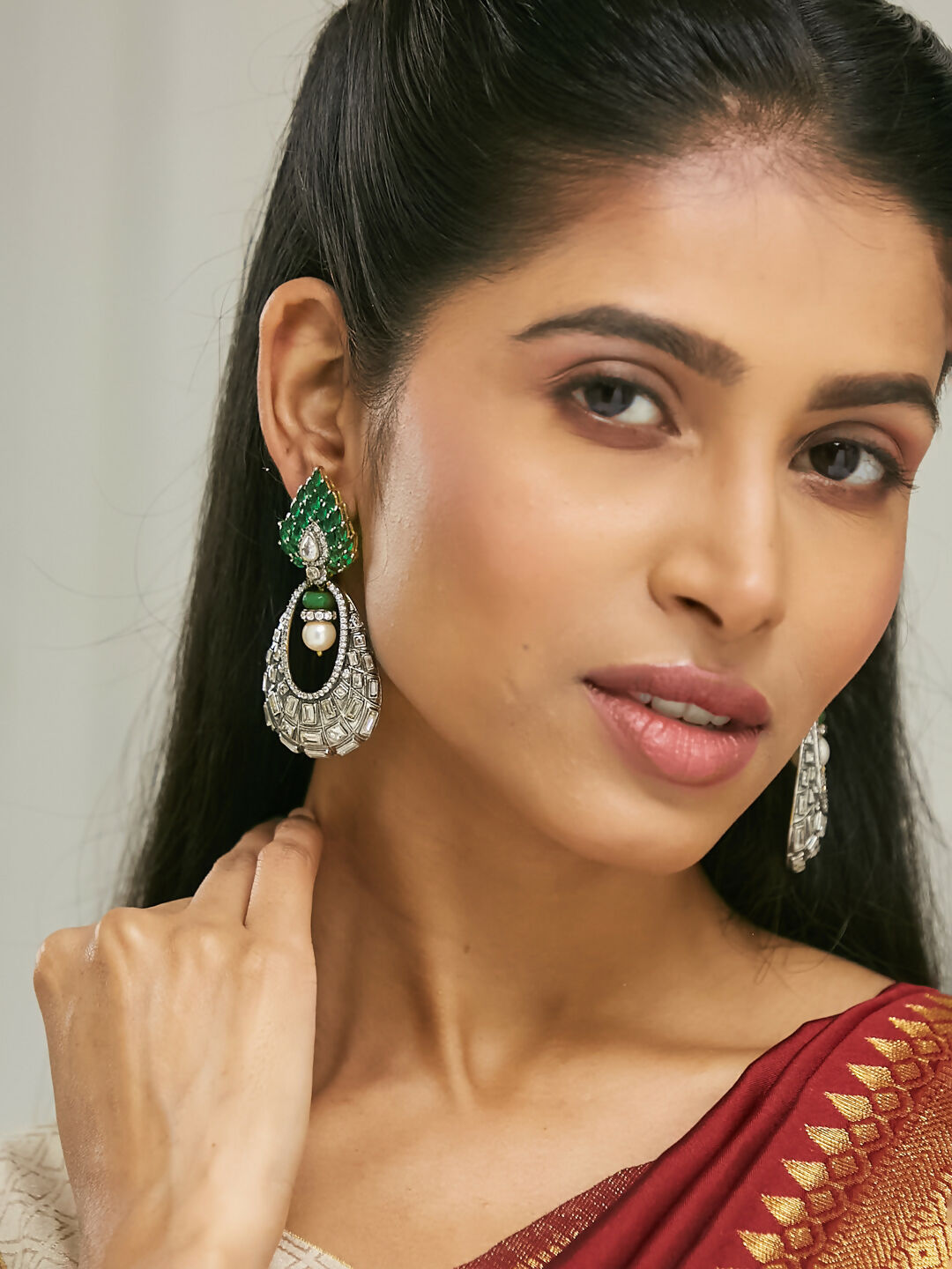 Nuyug 22K Gold-Plated Zircon Studded & Pearl Teardrop Shaped Dangler Earrings | Swadesiicart