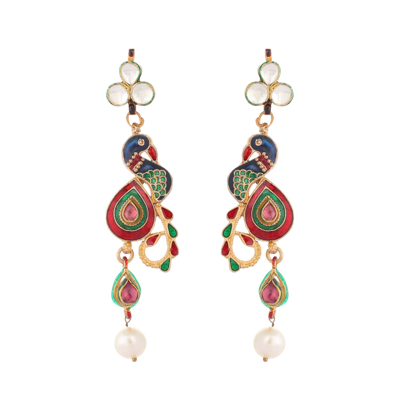 Nuyug 22K Gold Plated Pearl Drop Kundan Studded Ethnic Peacock Shaped Drop Earrings | Swadesiicart