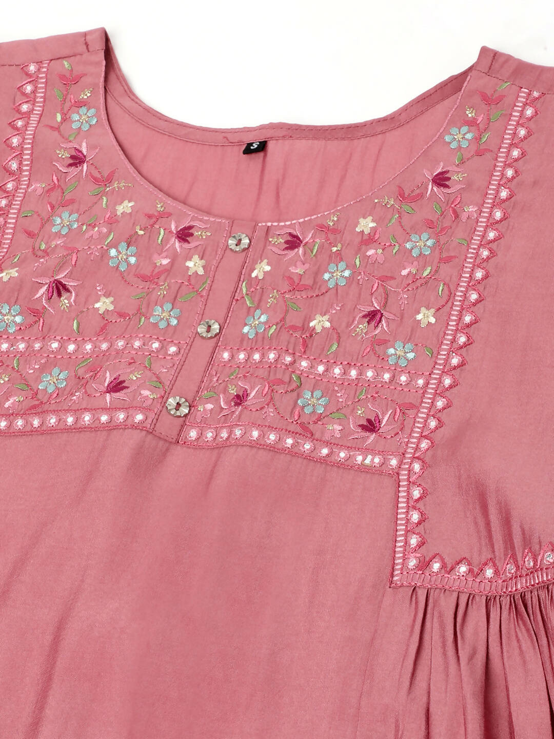 Pink Chinon Yoke Embroidered A-line Top - Tarini - Swadesiicart