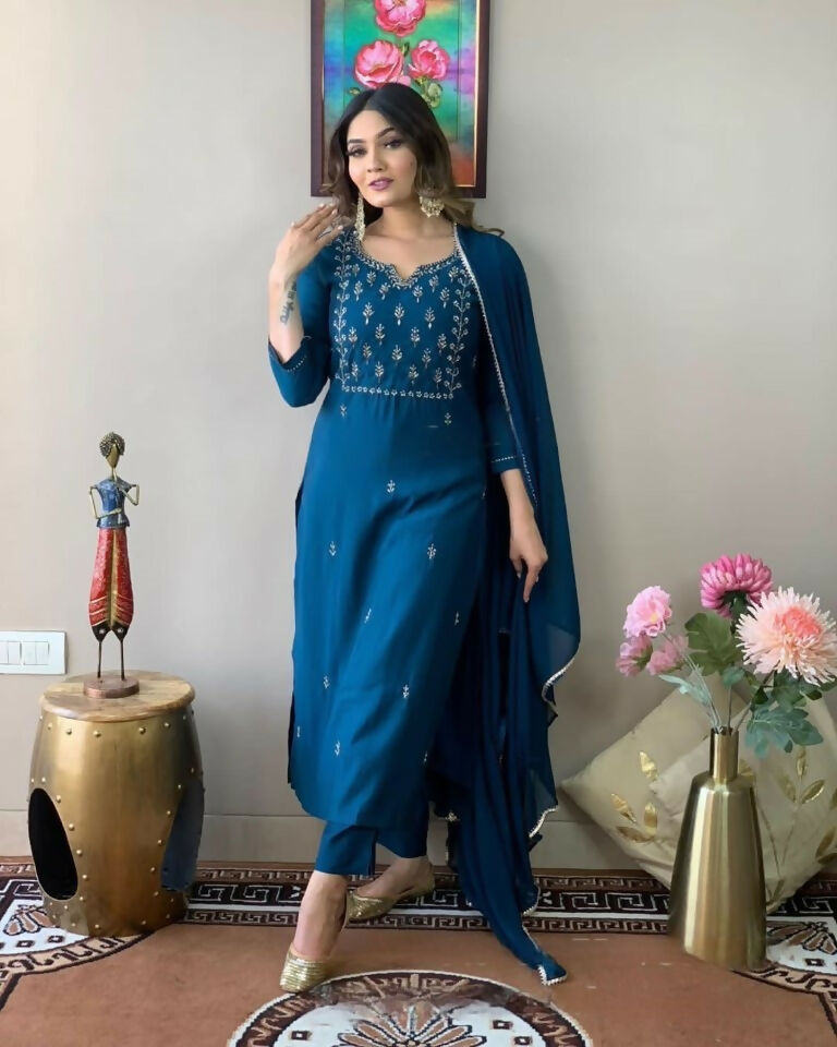 Ethnic Festive Wear Reyon Slub Rama Stitched Suit With Dupatta - Tanisha | Swadesiicart