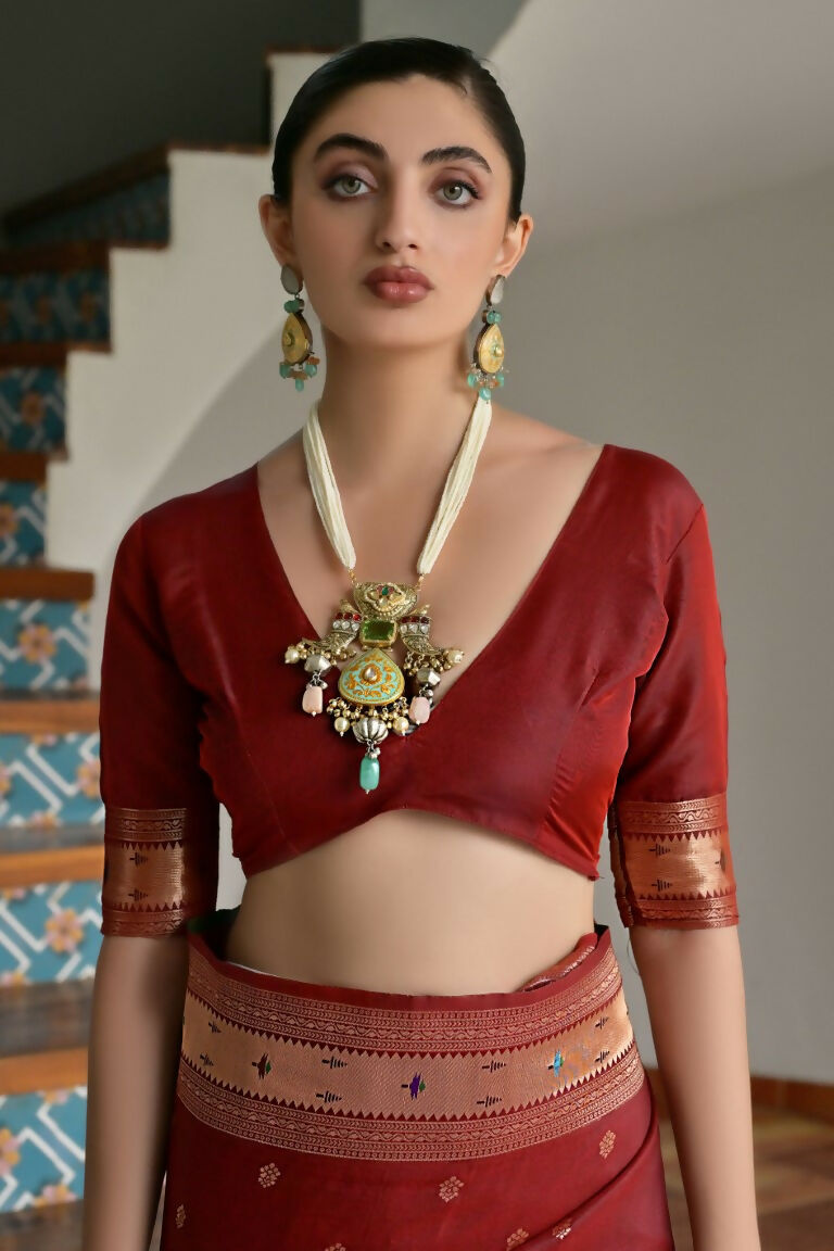 Vishnu Weaves Women's Maroon Paithani Silk Zari Woven Saree with Blouse - Swadesiicart