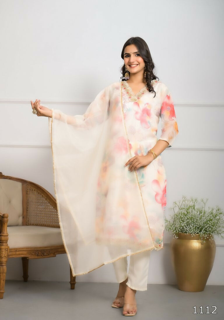 Festive Wear Ethnic Off White Premium Organza Stitched Suit With Dupatta - Tanisha | Swadesiicart