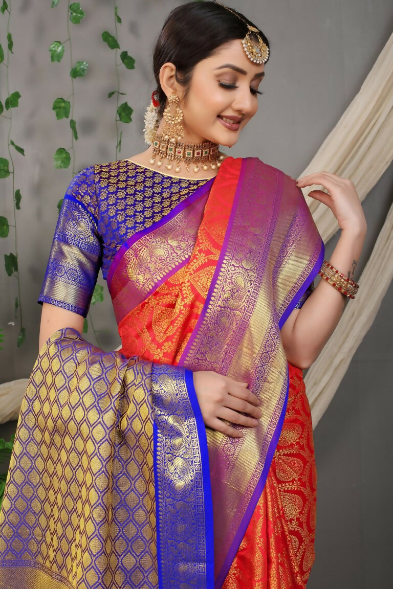 Jyoti Fashion Women's Red Kanjivaram Silk Zari Woven Saree with Blouse | Swadesiicart