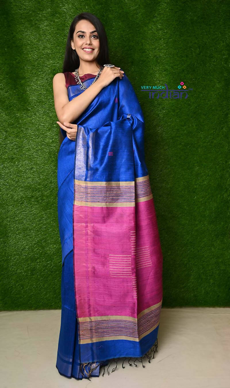 Very Much Indian Handwoven Raw Silk Dupion Saree - Cobalt Blue With Purple Pallu | Swadesiicart