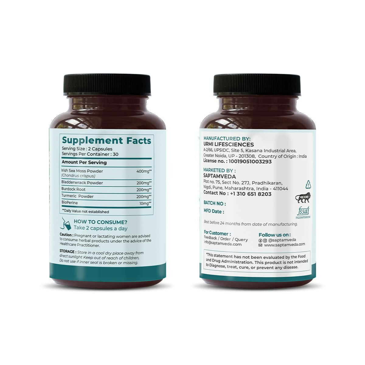 Saptamveda Irish Sea Moss 500mg Capsules - Swadesiicart