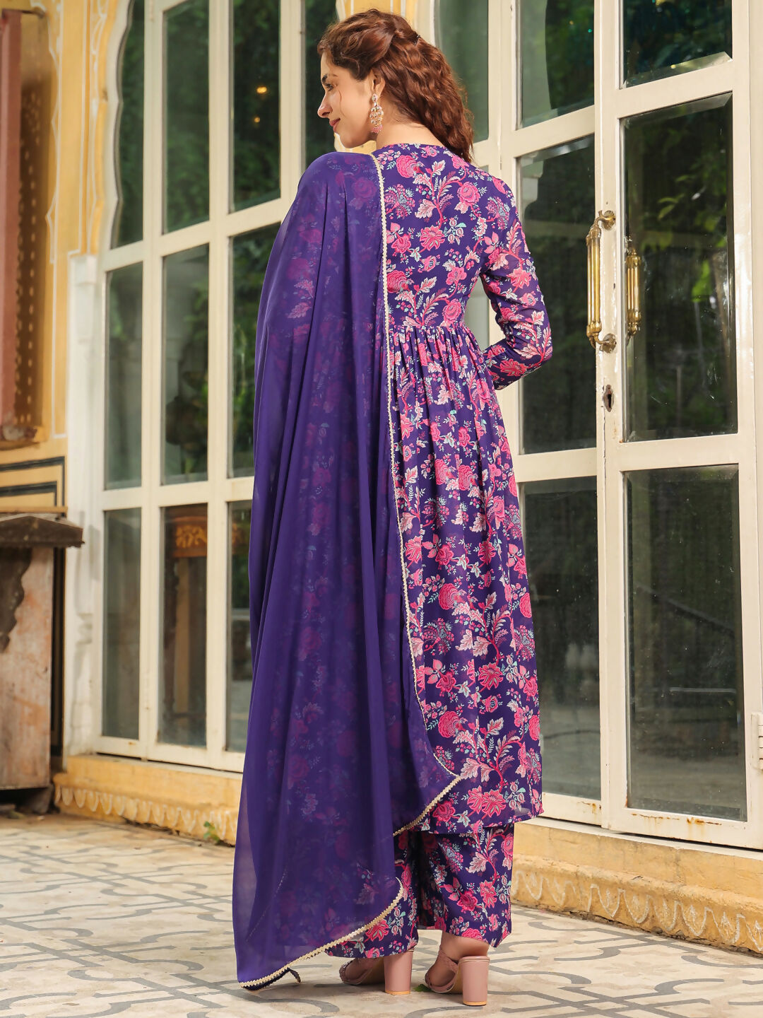 Janasya Purple Georgette Floral Kurta,Bottom & Dupatta | Swadesiicart