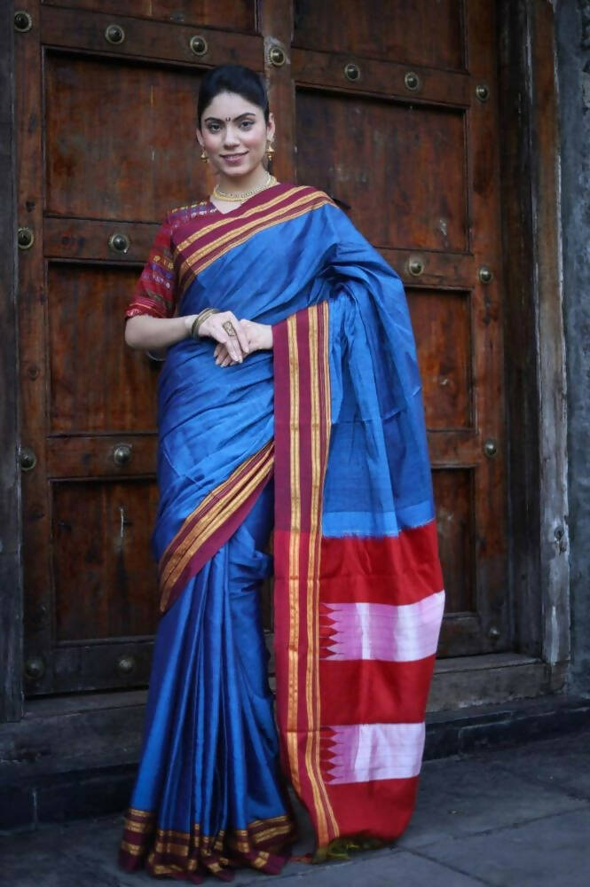 Very Much Indian Handloom Cotton Viscose Ilkal Saree - Royal Blue | Swadesiicart