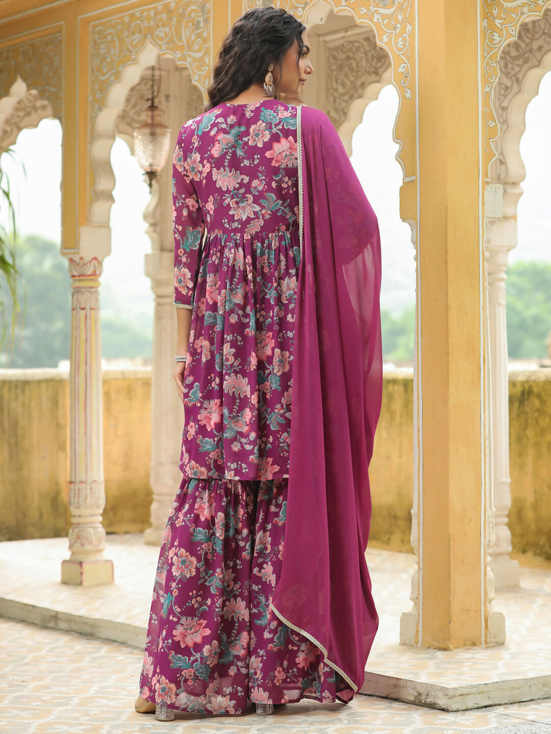Janasya Purple Georgette Floral Kurta,Bottom & Dupatta | Swadesiicart