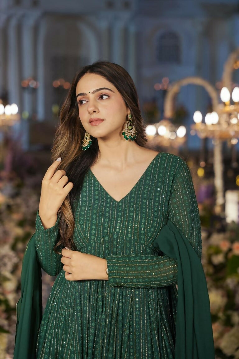 Jyoti Fashion Women's Green Faux Georgette Zari Embroidery with Sequence Anarkali Dress with Dupatta | Swadesiicart