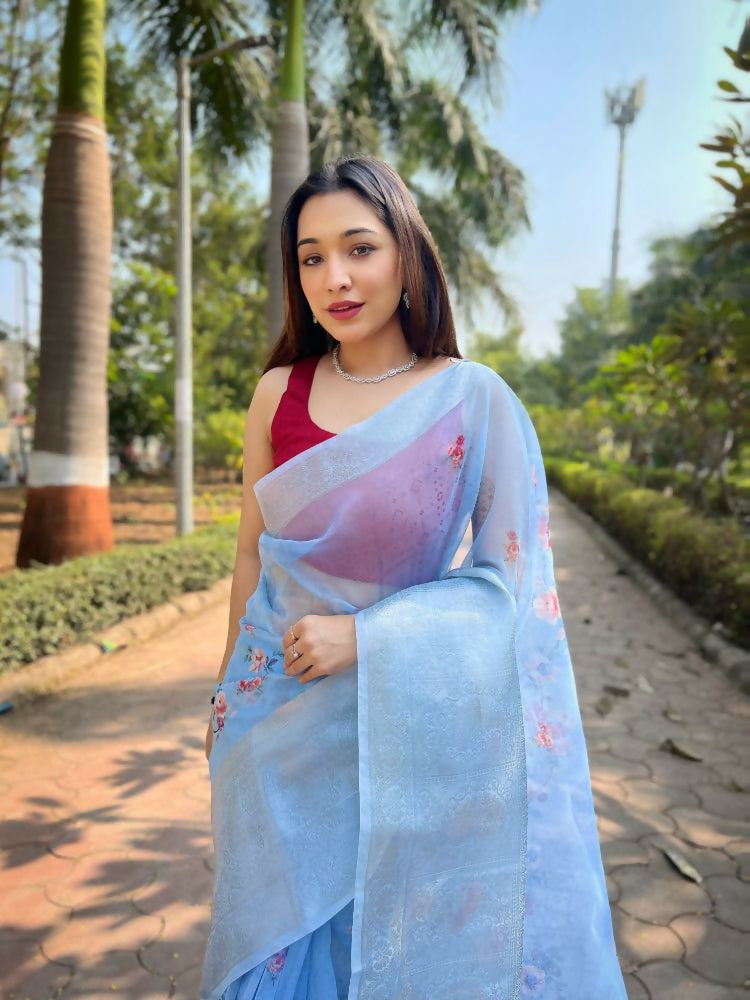 Vamsee Mehar Sky Organza Saree - Swadesiicart