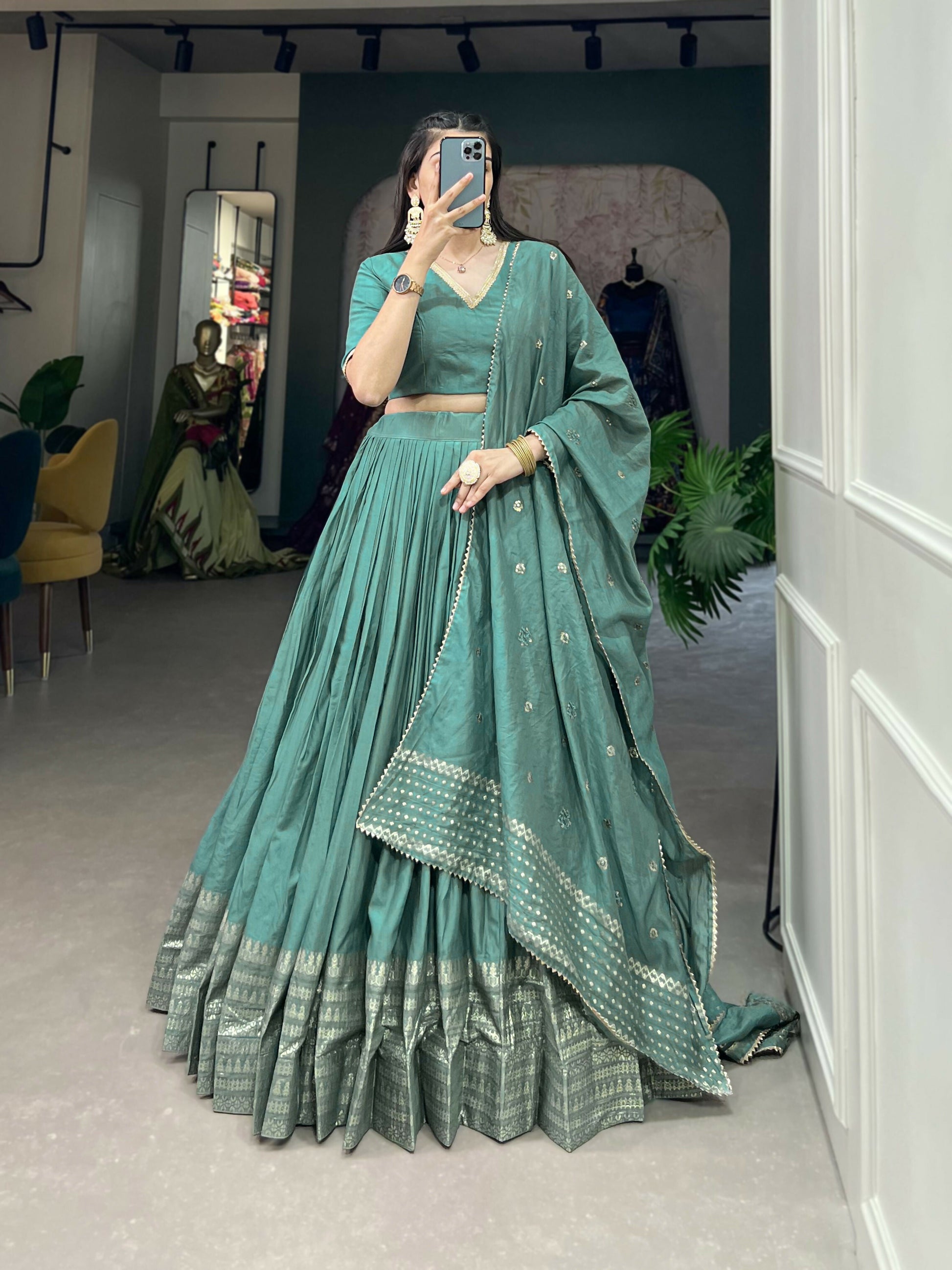 Lorenvalley Seagreen Pure Chanderi Plain With Zari Weaving Work Border Lehenga Choli | Swadesiicart