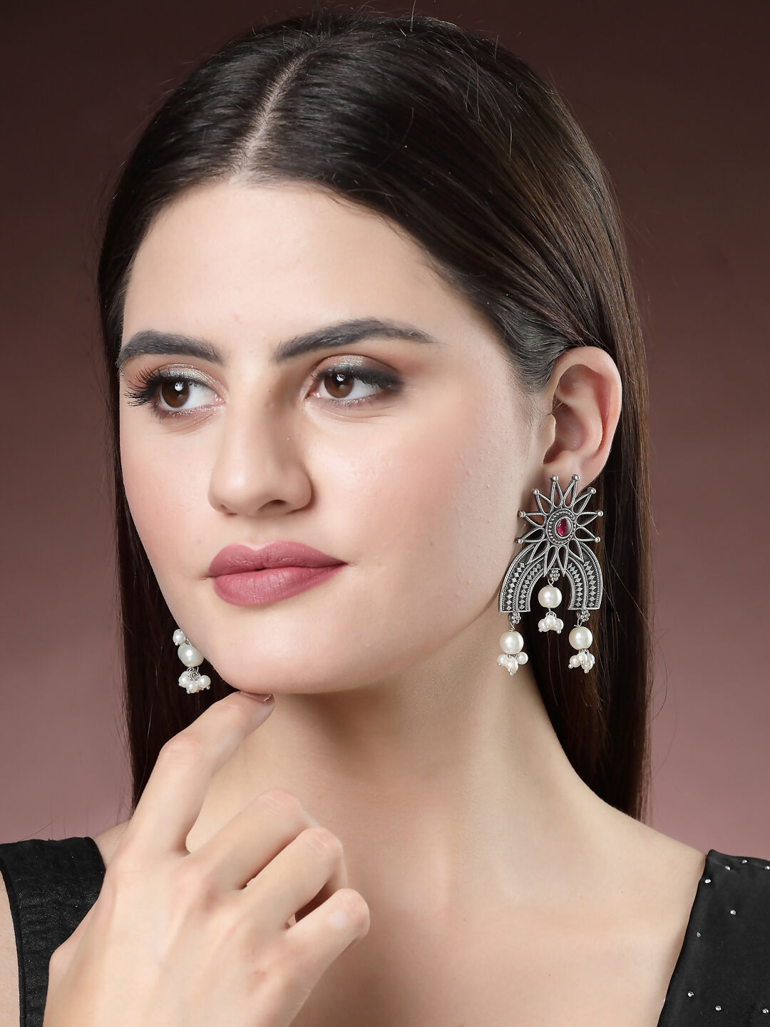 NVR Women's Floral Silver-Plated Artificial Stones and Beads Drop Earrings | Swadesiicart