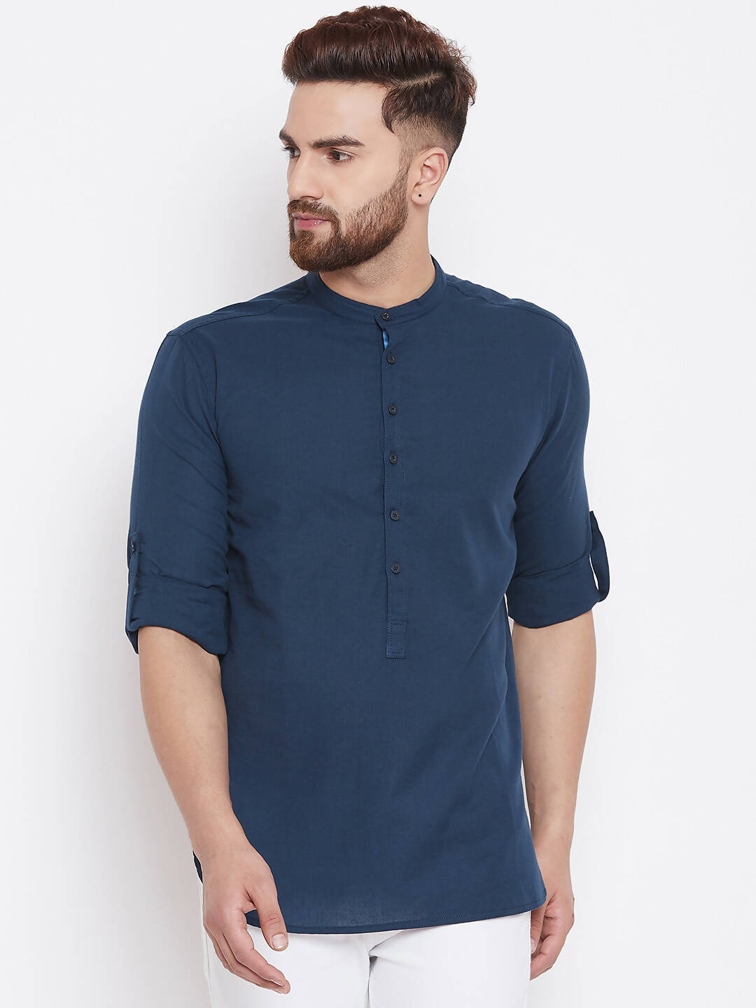 Even Apparels Blue Color Men's Pure Cotton Kurta With Band Collar | Swadesiicart