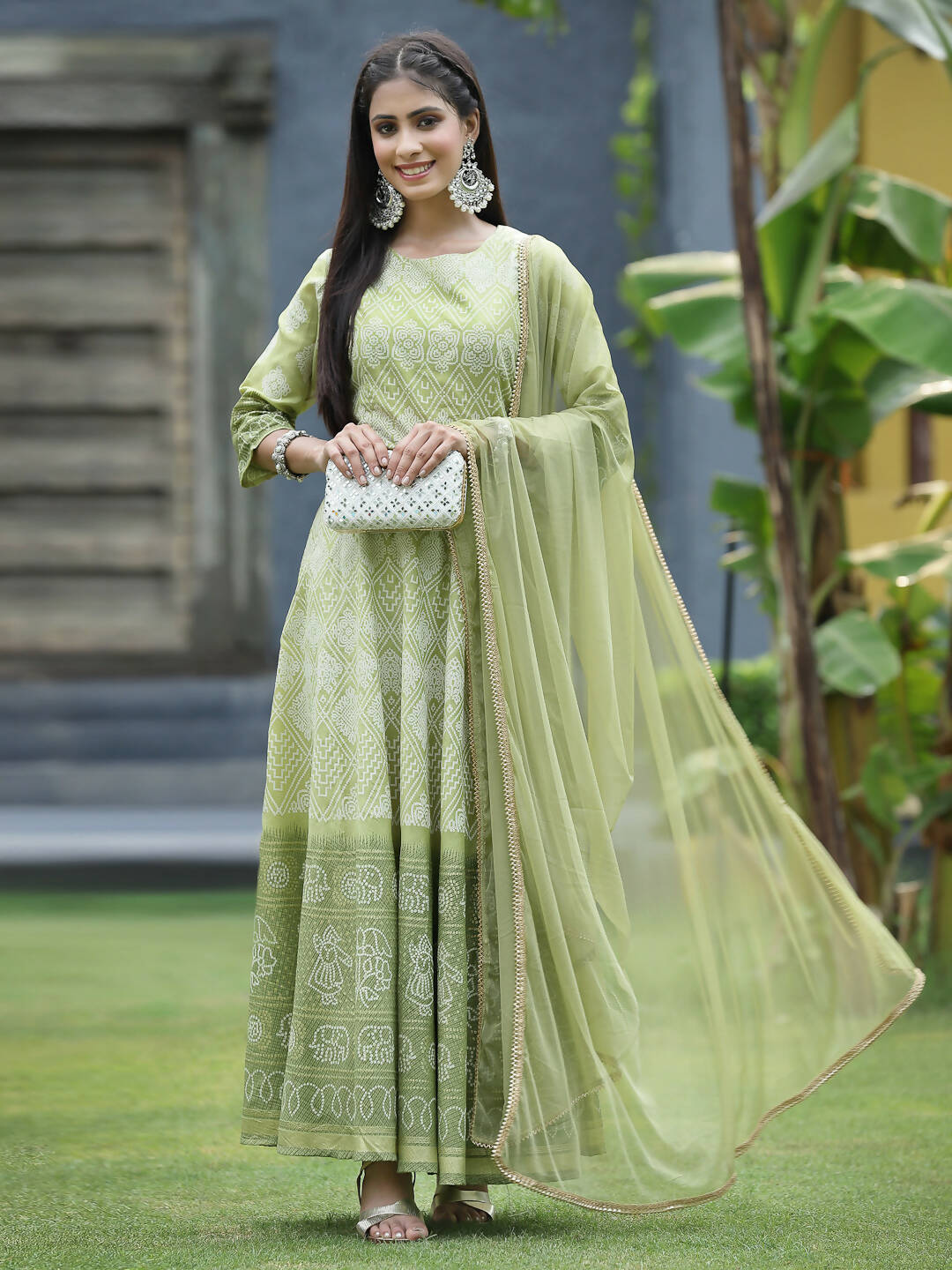Juniper Green Santoon Slub Festive Foil Print Straight Lehnga Choli Set For Women | Swadesiicart