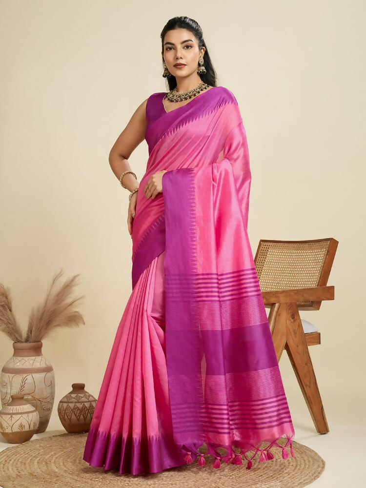 Vishnu Weaves Women's Pink Raw Silk Thread Woven Saree with Blouse - Swadesiicart