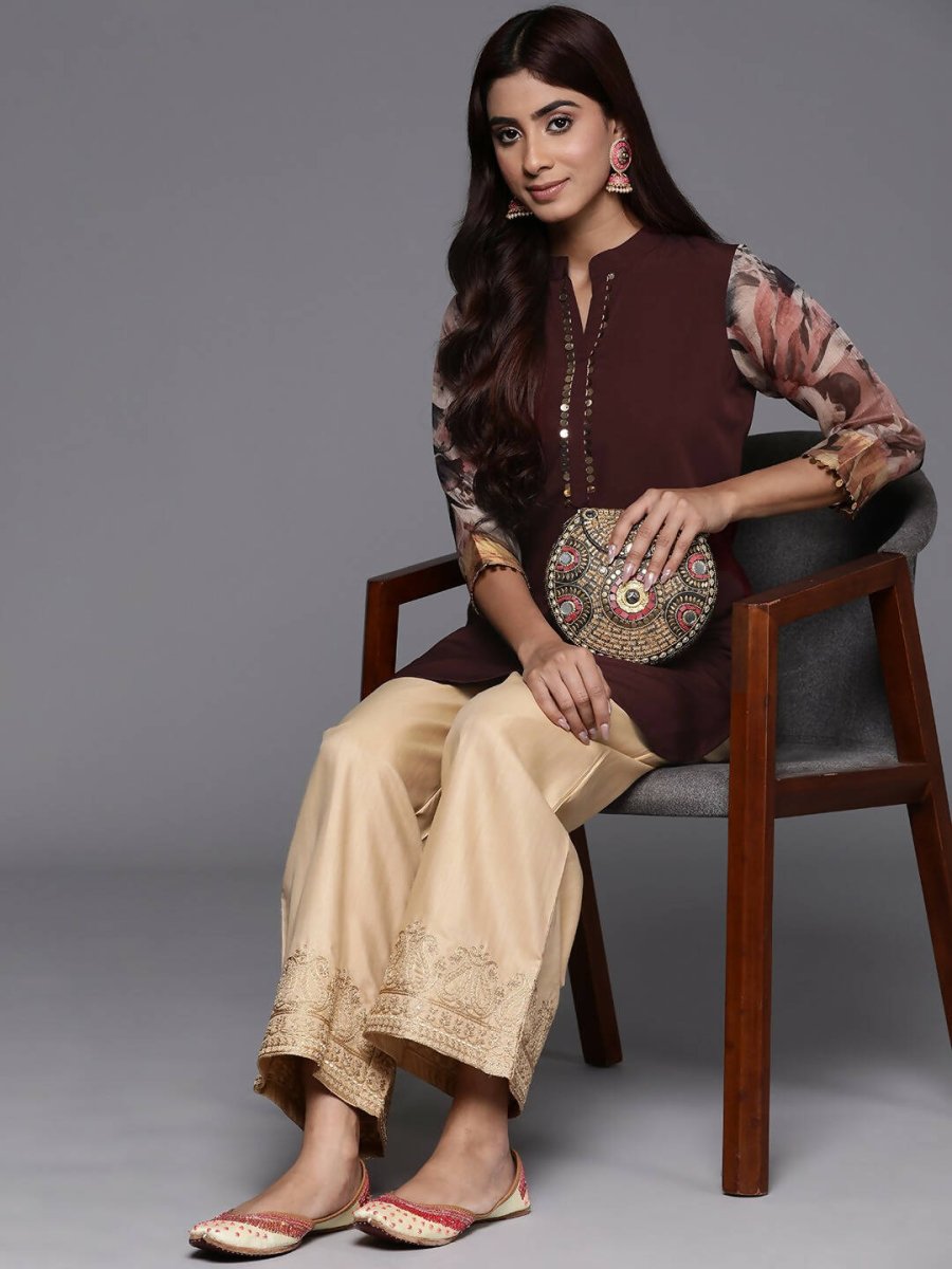 Ahalyaa Brown & Gold-Toned Mandarin Collar Printed Tunic - Brown Color | Swadesiicart