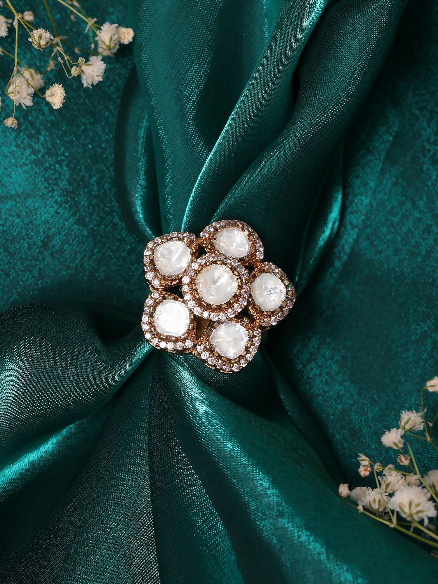 Ruby Raang White Gold Polished Kundan Ring | Swadesiicart
