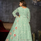 Jyoti Fashion Women's Sea Green Net Embroidered Anarkali Kurta Pant Set With Dupatta | Swadesiicart