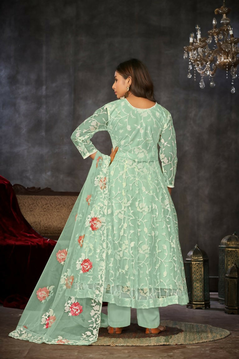 Jyoti Fashion Women's Sea Green Net Embroidered Anarkali Kurta Pant Set With Dupatta | Swadesiicart