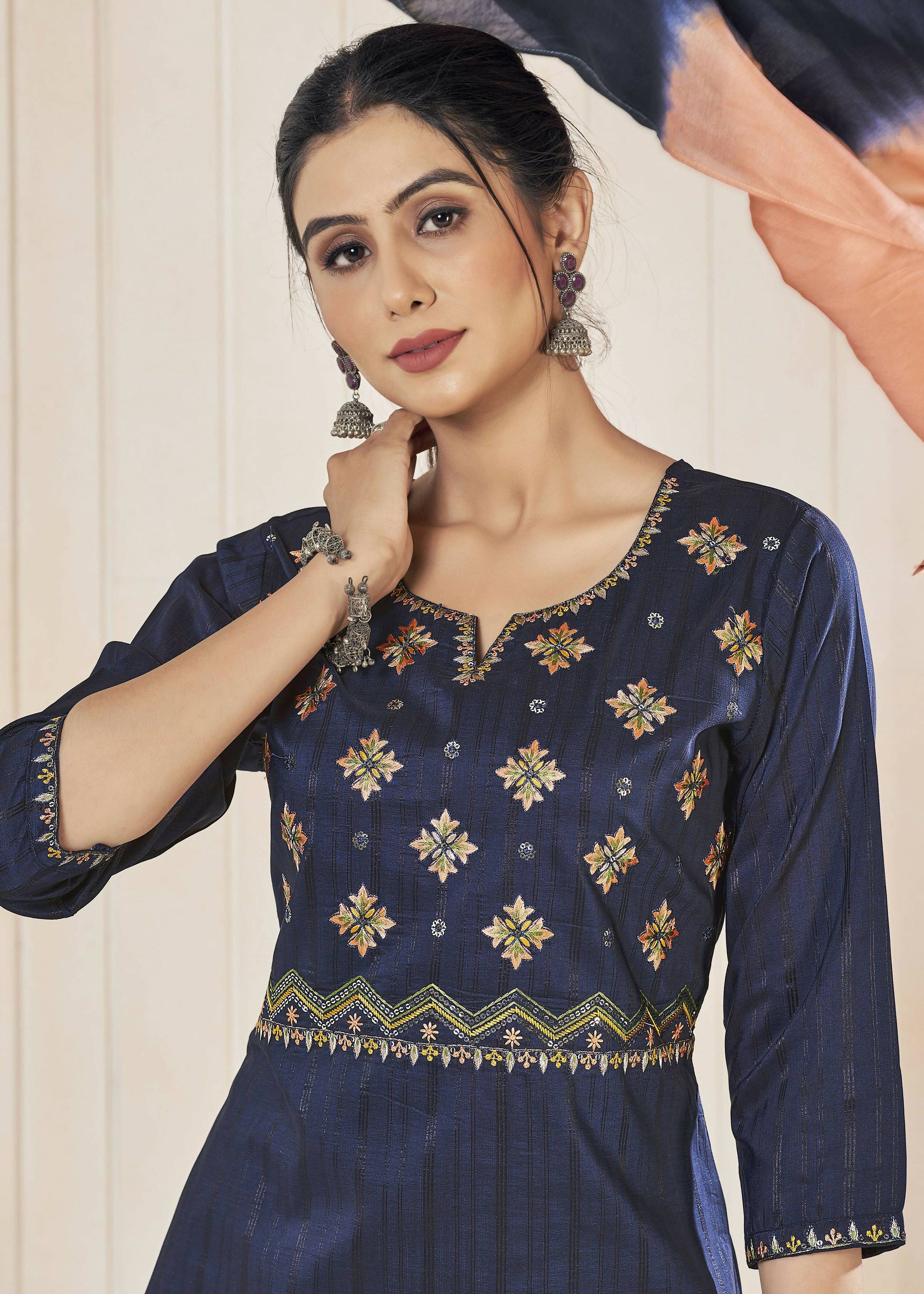 Jyoti Fashion Women's Navy Blue Pure Viscose Weaving Stripe with Embroidery Kurta Set | Swadesiicart